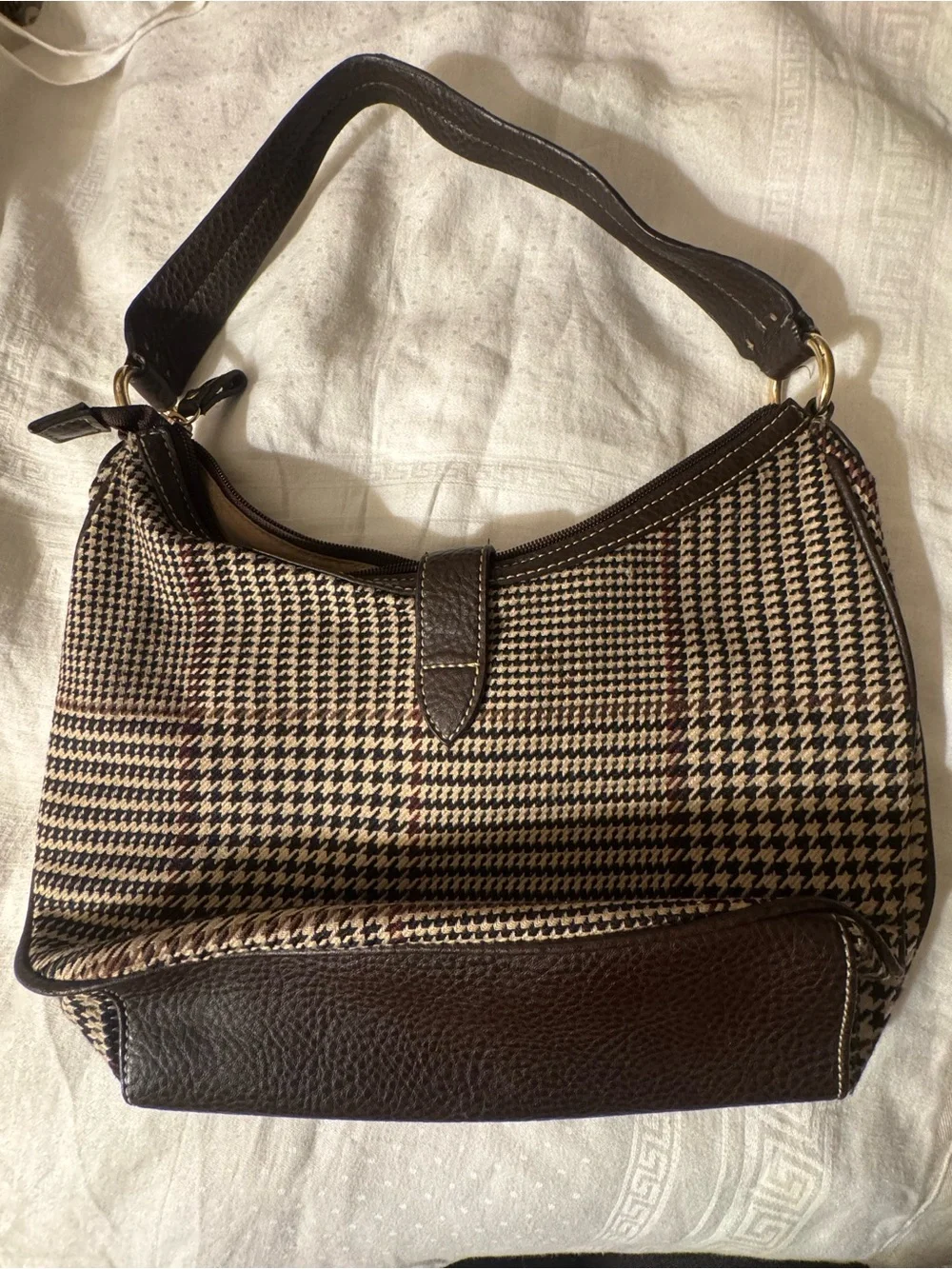 Chaps Brown & Beige Houndstooth Hobo with Gold Lock